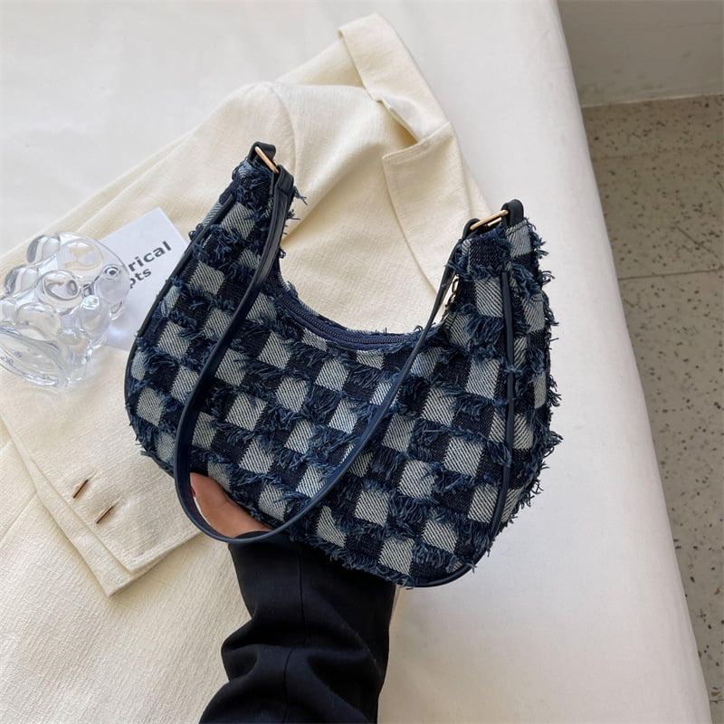 Qwzndzgr Korean Minority Design Denim Plaid Vintage Underarm Bag 2022 Summer Temperament Trend Single Shoulder Messenger Bag Women, Adult Unisex, Size