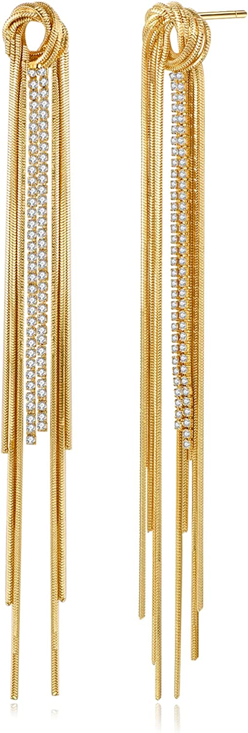 QWZNDZGR Long Gold Tassel Dangle Earrings for Women Girls 18K Gold Cubic Zirconia Sleek Metal