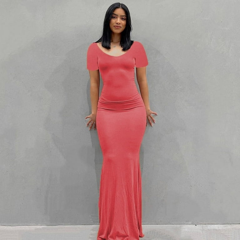 QWZNDZGR New Kardashian Skims Women's Dress Long Dress Leisure Slim Fitting  Long-Sleeved Home Dress 