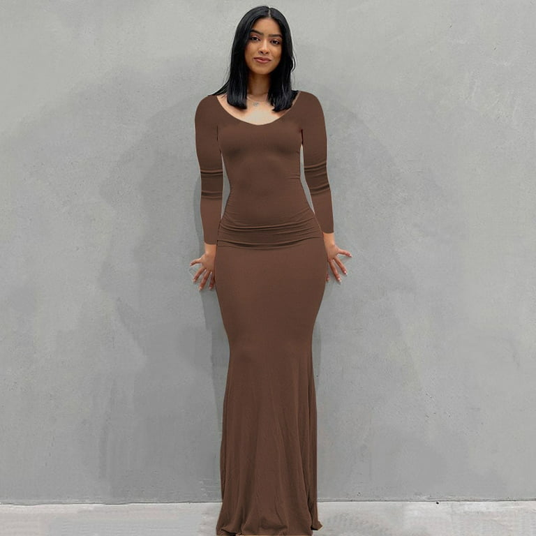 QWZNDZGR New Kardashian Skims Women's Dress Long Dress Leisure Slim Fitting  Long-Sleeved Home Dress 