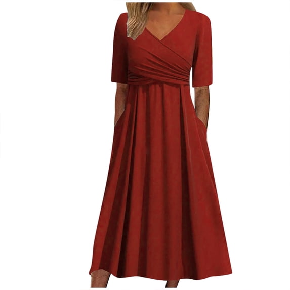 New Fashion Basic Soft Women's Casual V Neck Short Sleeved Pleated Loose Vintage Dress Beach Long Skirt Sexy Trendy Casual Skirt