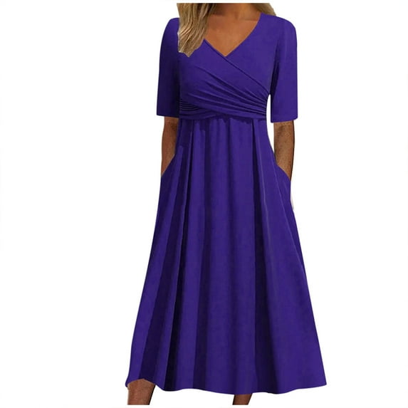 New Fashion Basic Soft Women's Casual V Neck Short Sleeved Pleated Loose Vintage Dress Beach Long Skirt Sexy Trendy Casual Skirt