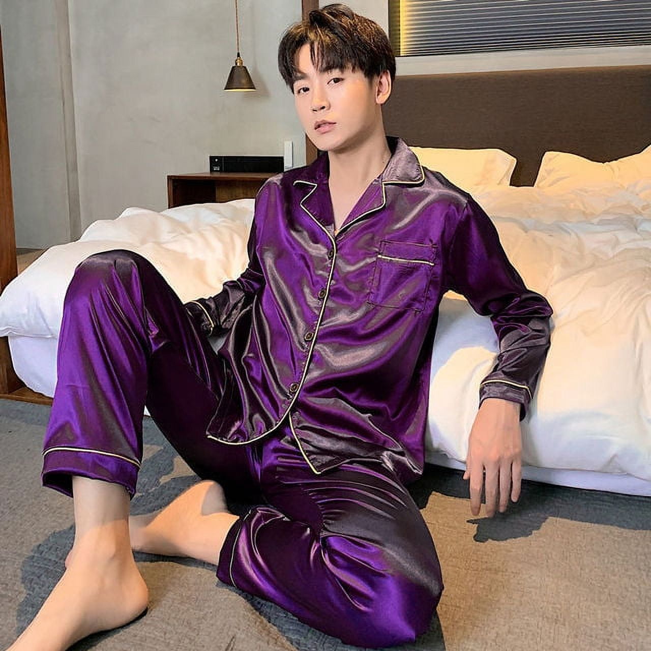 Qwzndzgr Men's Long Sleeve Silk Satin Pajamas