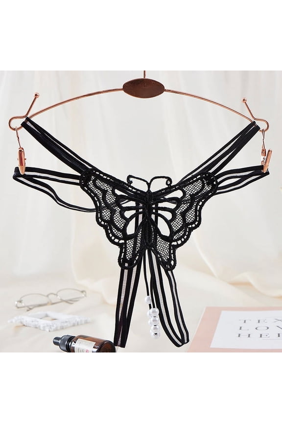 Pearl Open Crotch Briefs Women's Lace Free Sexy Perspective Straight Inset Thong Butterfly Embroidery