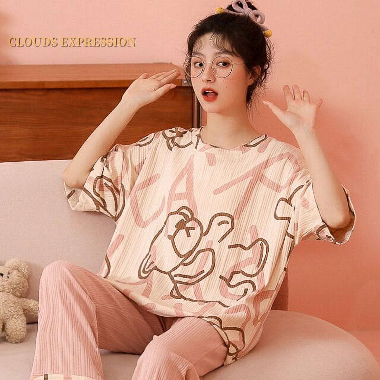 QWZNDZGR Summer Two Piece Sleepwear Cartoon Duck Printting Short-sleeved  Men's Pjamas Sets Long Pants Sleep Loungewear Pijamas Homewear 