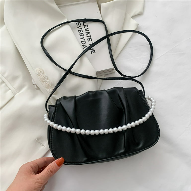 QWZNDZGR Summer Small Bag Women's 2022 New Korean Version Soft Leather  Pleated Pearl Chain Cloud Bag Single-Shoulder Cross-Arm Bag