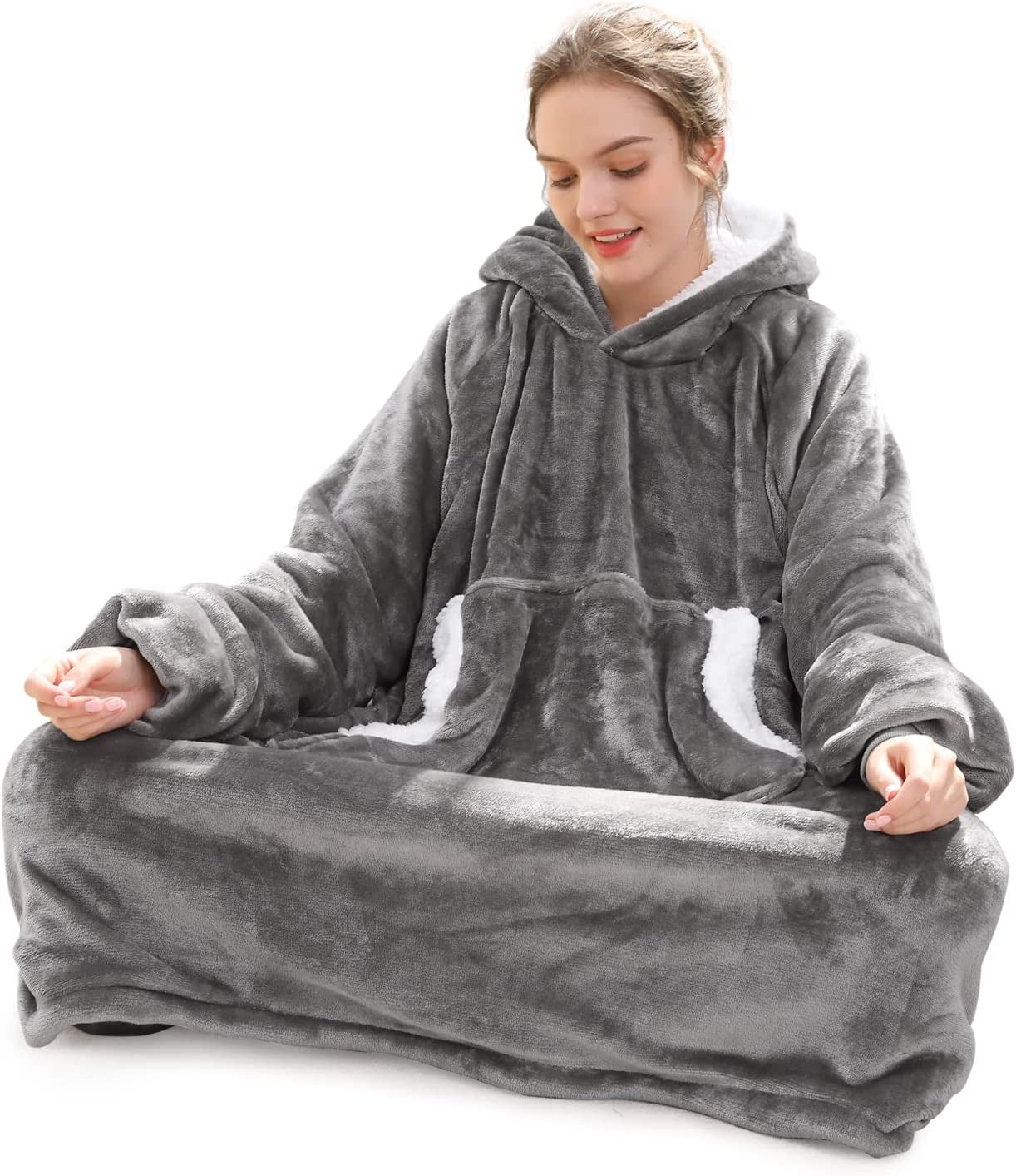 QWZNDZGR Wearable Blanket Sweatshirt for Women Men, Oversize Sherpa Fleece  Blanket Hoodie with Huge Pocket u0026 Elastic Sleeves, Fuzzy Warm Flannel  Hooded Blanket for Adult Winter Gift, Blueu0026White - Walmart.com