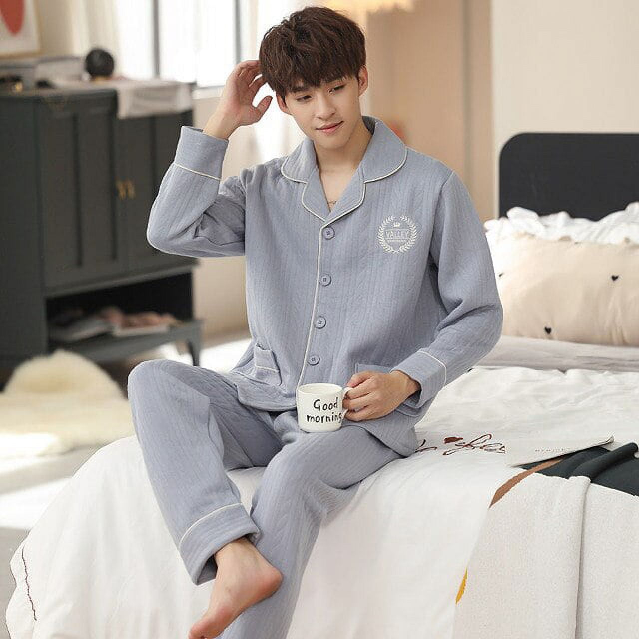 QWZNDZGR Winter Men Sleepwear Cotton Pijama Round Neck Pajama Sets Long  Sleeve Sleep Clothes Male 2 Pieces Sets Home Suits Pyjamas Men's