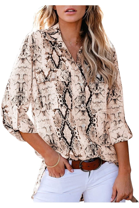 Women Button Down Snake Print 3 4 Tab Sleeve Tunic Blouse Tops Shirts