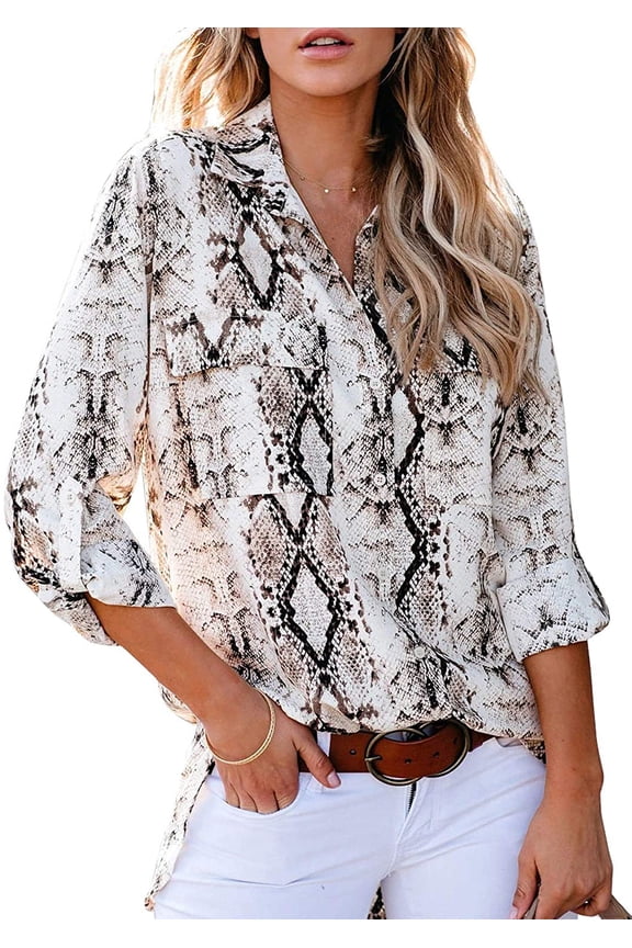 Women Button Down Snake Print 3 4 Tab Sleeve Tunic Blouse Tops Shirts