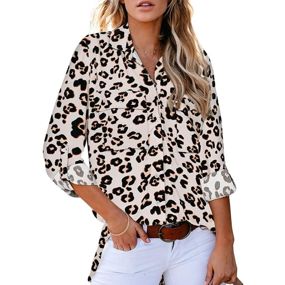 QWZNDZGR Women Button Down Snake Print 3 4 Tab Sleeve Tunic Blouse Tops Shirts