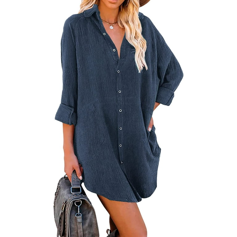 QWZNDZGR Women Casual Long Sleeve Button Down Oversized Corduroy