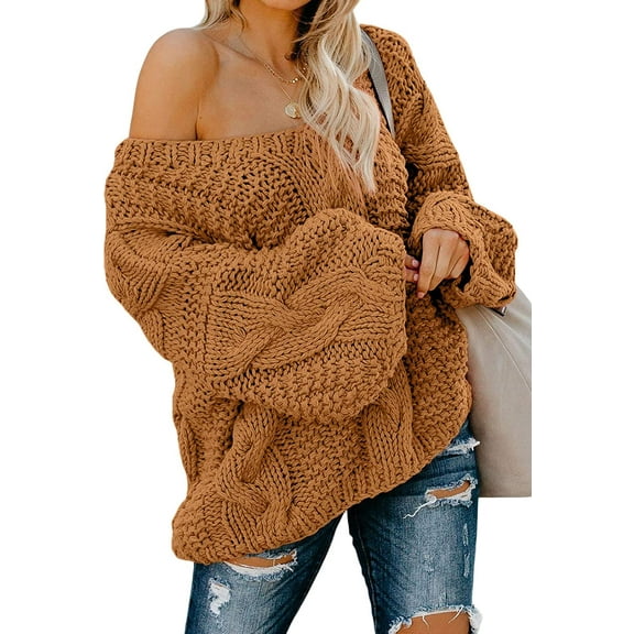 QWZNDZGR Women Sexy Long Sleeve Off Shoulder Loose Cable Knit Pullover Sweater