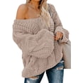thumbnail image 1 of QWZNDZGR Women Sexy Long Sleeve Off Shoulder Loose Cable Knit Pullover Sweater, 1 of 4