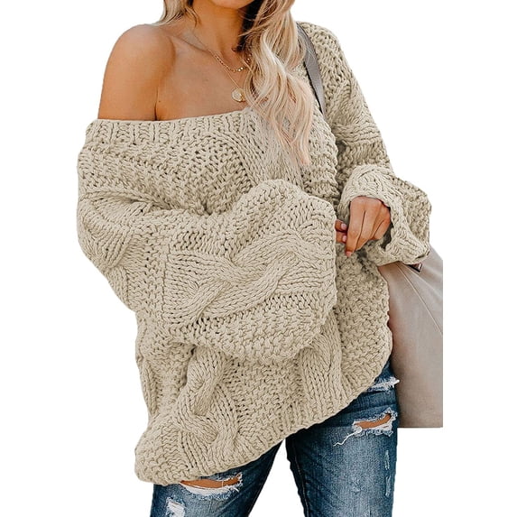 QWZNDZGR Women Sexy Long Sleeve Off Shoulder Loose Cable Knit Pullover Sweater