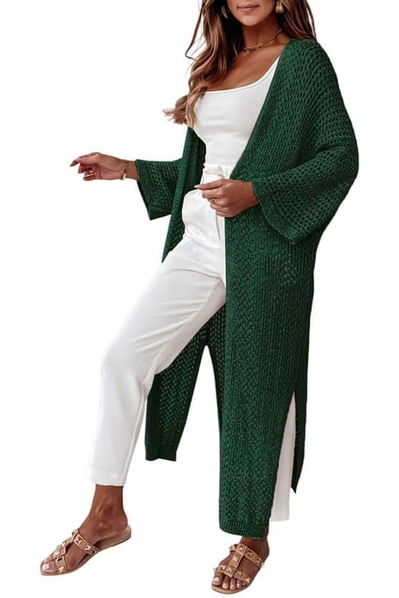 Women's Casual Long Sleeve Open Front Cardigan Lightweight Knit Loose Split Crochet Floor Length Kimono Sweaters