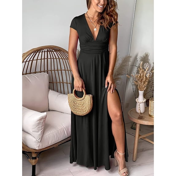 QWZNDZGR Women's Deep V-Neck Short Sleeve Long Skirt Pleated High Waist Split Club Party Evening Dress Solid Color Dress