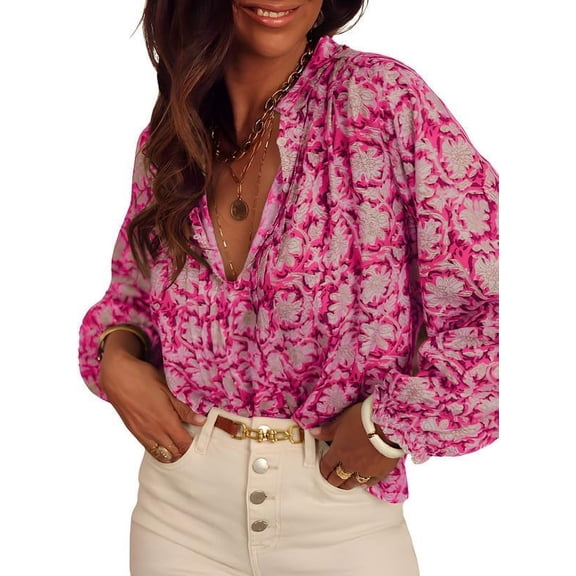 QWZNDZGR Women's Spring Tops Casual V Neck Long Sleeve Shirts Floral Boho Blouses