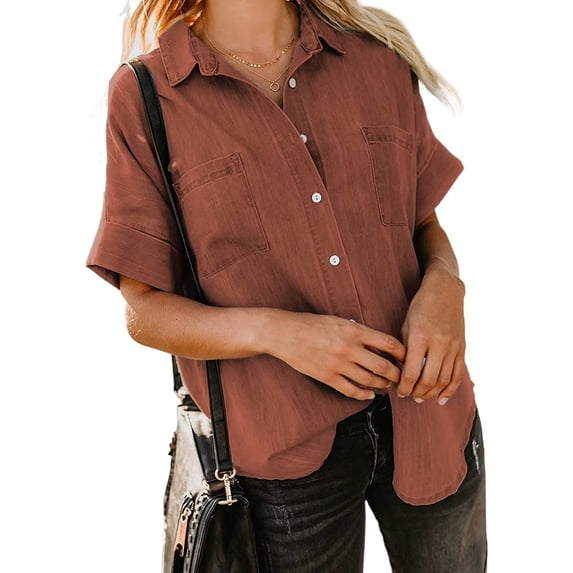 QWZNDZGR Womens Button Down Shirts V Neck Loose Casual Shirt