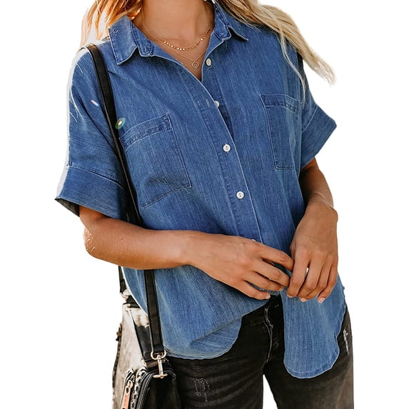 QWZNDZGR Womens Button Down Shirts V Neck Loose Casual Shirt