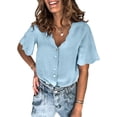 thumbnail image 1 of QWZNDZGR Womens Casual Solid Color Short Sleeve Shirt V Neck Button Down Blouses, 1 of 5