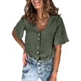 thumbnail image 1 of QWZNDZGR Womens Casual Solid Color Short Sleeve Shirt V Neck Button Down Blouses, 1 of 5