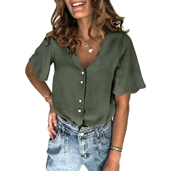 QWZNDZGR Womens Casual Solid Color Short Sleeve Shirt V Neck Button Down Blouses