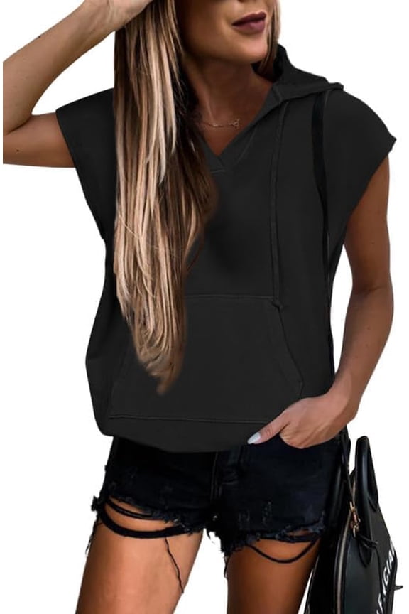 Womens Hoodies Casual Short Sleeve Drawstring Lightweight Hooded Sweatshirt Loose Pullover Tops with Pocket