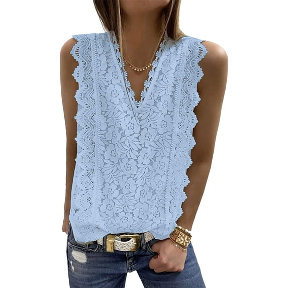 QWZNDZGR Womens Lace V Neck Tunic Tank Tops Casual Sleeveless Shirt Blouse