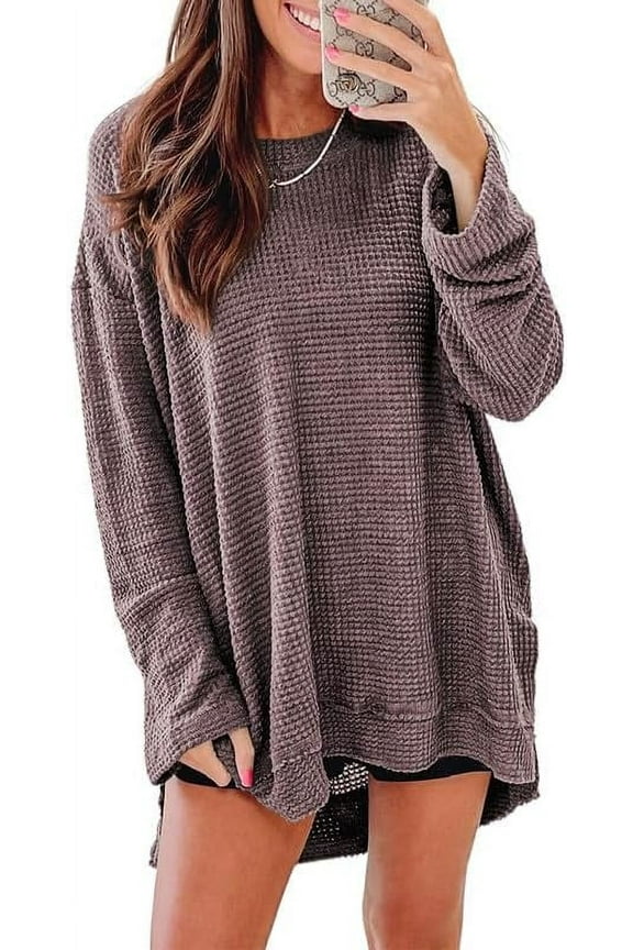 Womens Long Sleeve Tops Trendy Crewneck Solid Color Waffle Knit Tunic Tops Spring Shirts for Women
