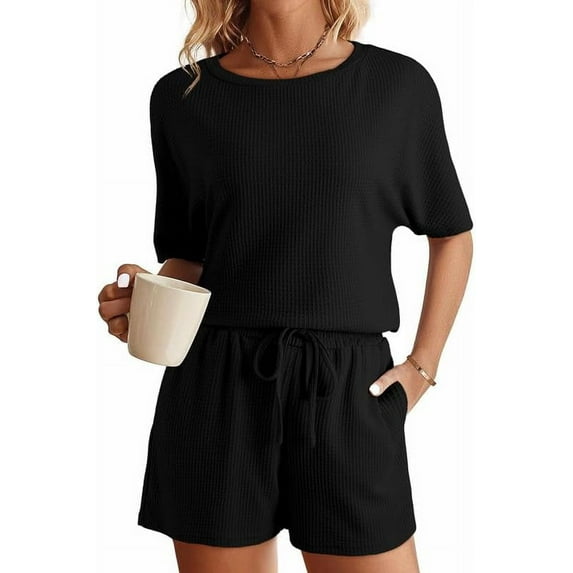 QWZNDZGR Womens Pajama Sets Waffle Knit Lounge Set 2 Piece Outfits Loungewear Sweatsuit with Pockets