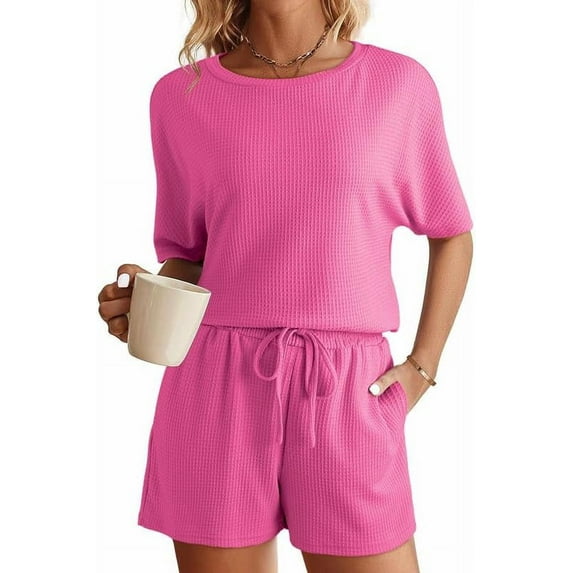 QWZNDZGR Womens Pajama Sets Waffle Knit Lounge Set 2 Piece Outfits Loungewear Sweatsuit with Pockets