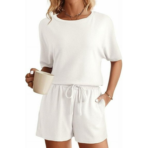 QWZNDZGR Womens Pajama Sets Waffle Knit Lounge Set 2 Piece Outfits Loungewear Sweatsuit with Pockets