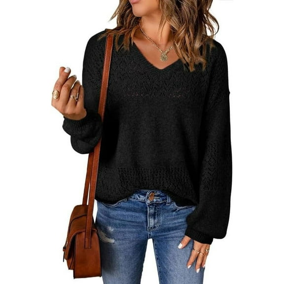 QWZNDZGR Womens Sweaters Casual Long Sleeve V Neck Lightweight Crochet Pullover Sweater Tops