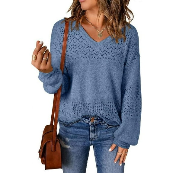 QWZNDZGR Womens Sweaters Casual Long Sleeve V Neck Lightweight Crochet Pullover Sweater Tops