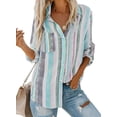 thumbnail image 1 of QWZNDZGR Womens V Neck Striped Roll up Sleeve Button Down Blouses Top, 1 of 3