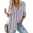 thumbnail image 1 of QWZNDZGR Womens V Neck Striped Roll up Sleeve Button Down Blouses Top, 1 of 4