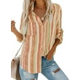 thumbnail image 1 of QWZNDZGR Womens V Neck Striped Roll up Sleeve Button Down Blouses Top, 1 of 4