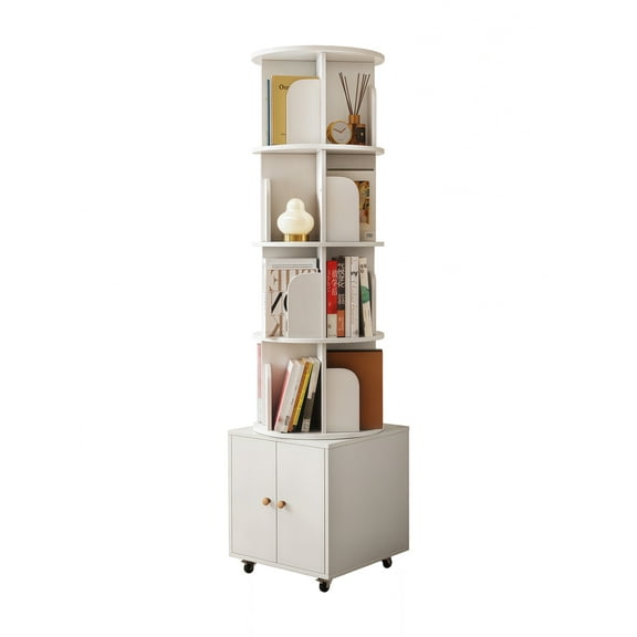 QXDRAGON 360° Rotating Bookshelf, Display Round Spinning Bookshelf with Wheels and Drawer, Space-Saving, Small Space Rotating Book Shelf Tower for Bedroom, Living Room, Home, Office