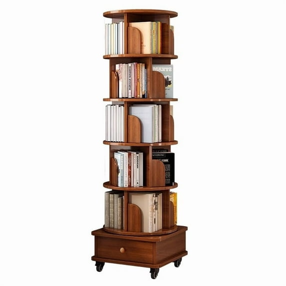 QXDRAGON 360° Rotating Bookshelf, Display Round Spinning Bookshelf with Wheels and Drawer, Space-Saving, Small Space Rotating Book Shelf Tower for Bedroom, Living Room, Home, Office