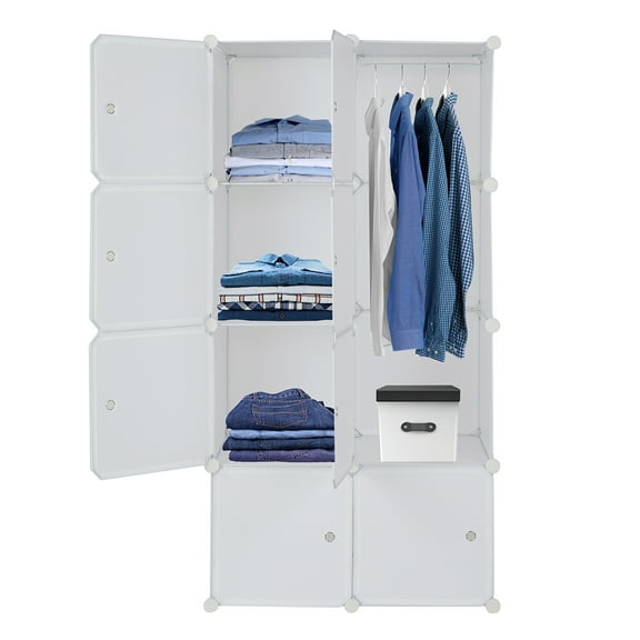 QXDRAGON 8-Cube DIY Modular Cubby Shelving Storage Organizer, 14"x 18" Portable Wardrobe with Clothes Rod & Door