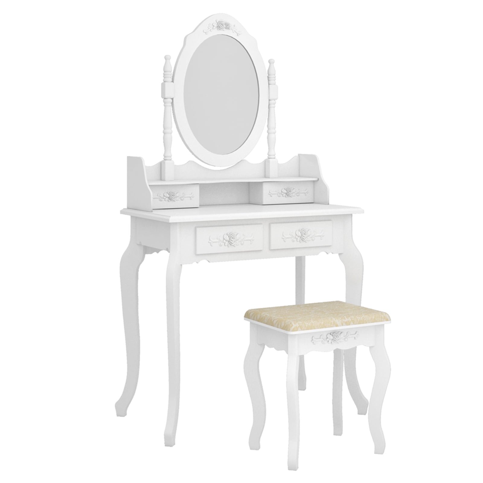 QXDRAGON Elegance White Dressing Table Vanity Table and Stool Set Wood 