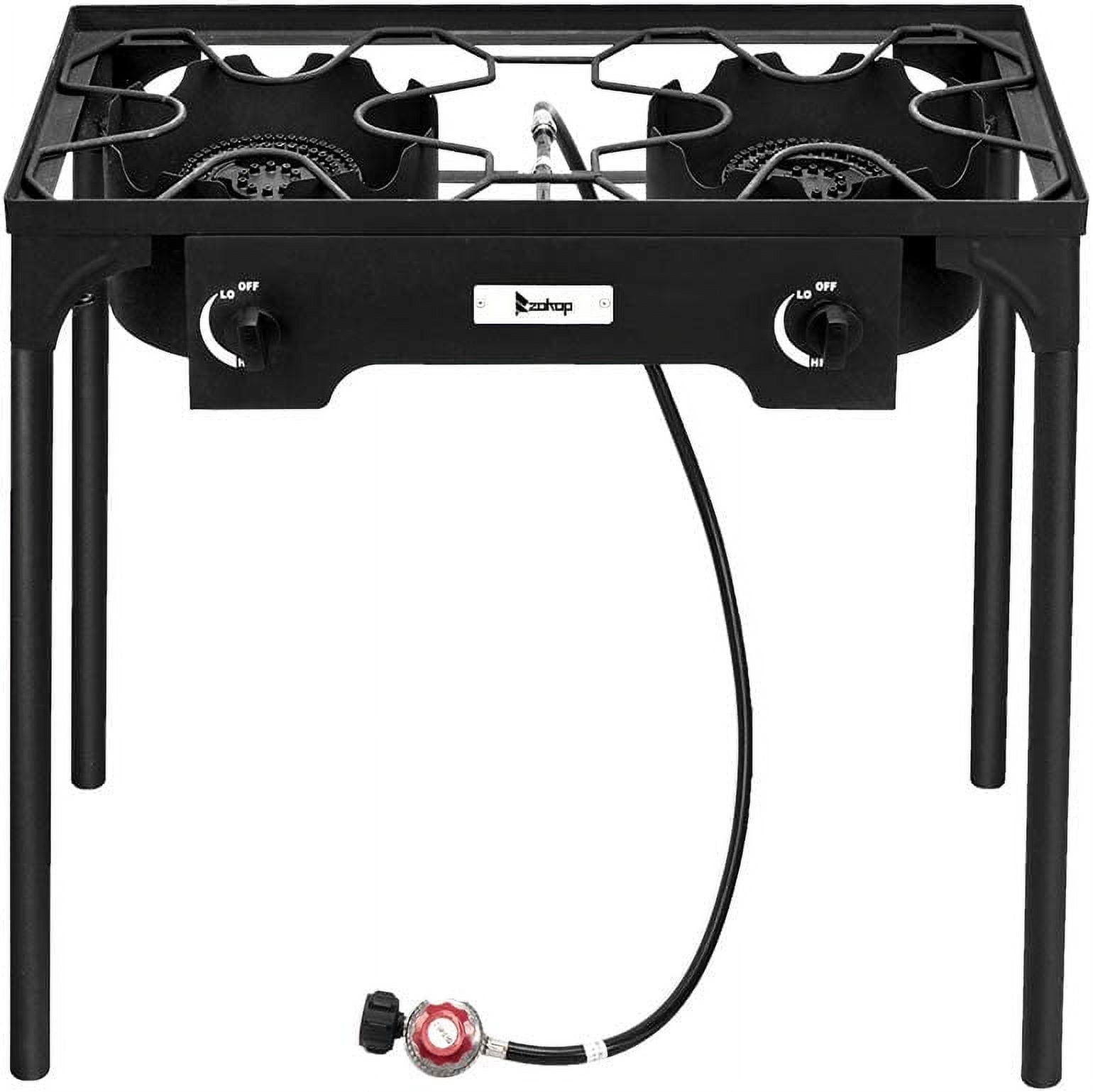 QXDRAGON Propane Double Burner Two Burner Camp Stove Outdoor High Pressure Propane 2 Burner Adjustable PSI Regulator and 4ft Leather Hose with Removable Legs