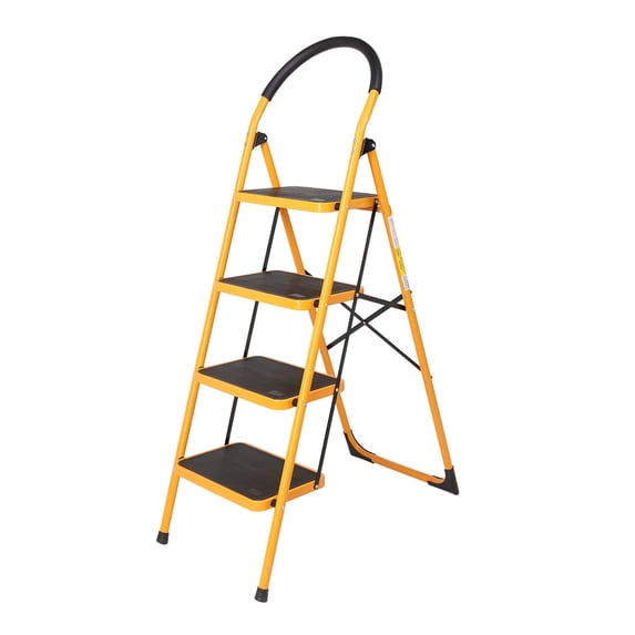 QXDRAGON Step Ladder, Folding Step Stool with Wide Anti-Slip Pedal, 330lbs Sturdy Steel Ladder, Lightweight, Portable Steel Step Stool (4-Step Round Bar,Yellow)