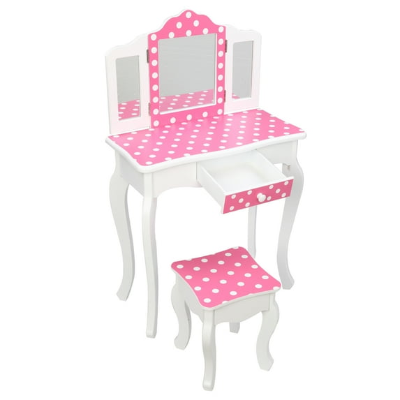 QXDRAGON Three-Fold Mirror Single Drawer Arc Feet Children Dresser Red Dots