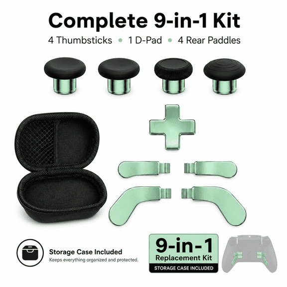 QXWPBV 9-in-1 Replacement Kit for Xbox Elite Series 2 and Series 2 Core Model 1797 Controllers, Thumbsticks, D-Pad, Back Paddles and Storage Case, Green