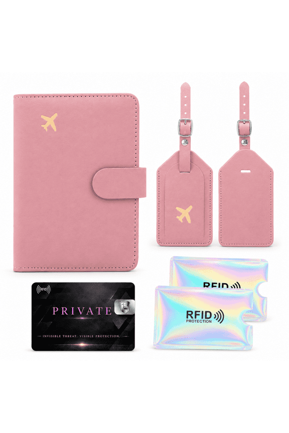 RFID Blocking Passport Holder Travel Wallet Set with Tracker Slot, 6 Piece, Pink