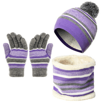 QXWREL 3 Pcs Kids Beanie Hats Winter Gloves Winter Scarf Set, Boys Girls Knit Winter Hat Scarf Gloves Set, Winter Warm Knitted Set with Fleece Lining for Autumn & Winter, Purple