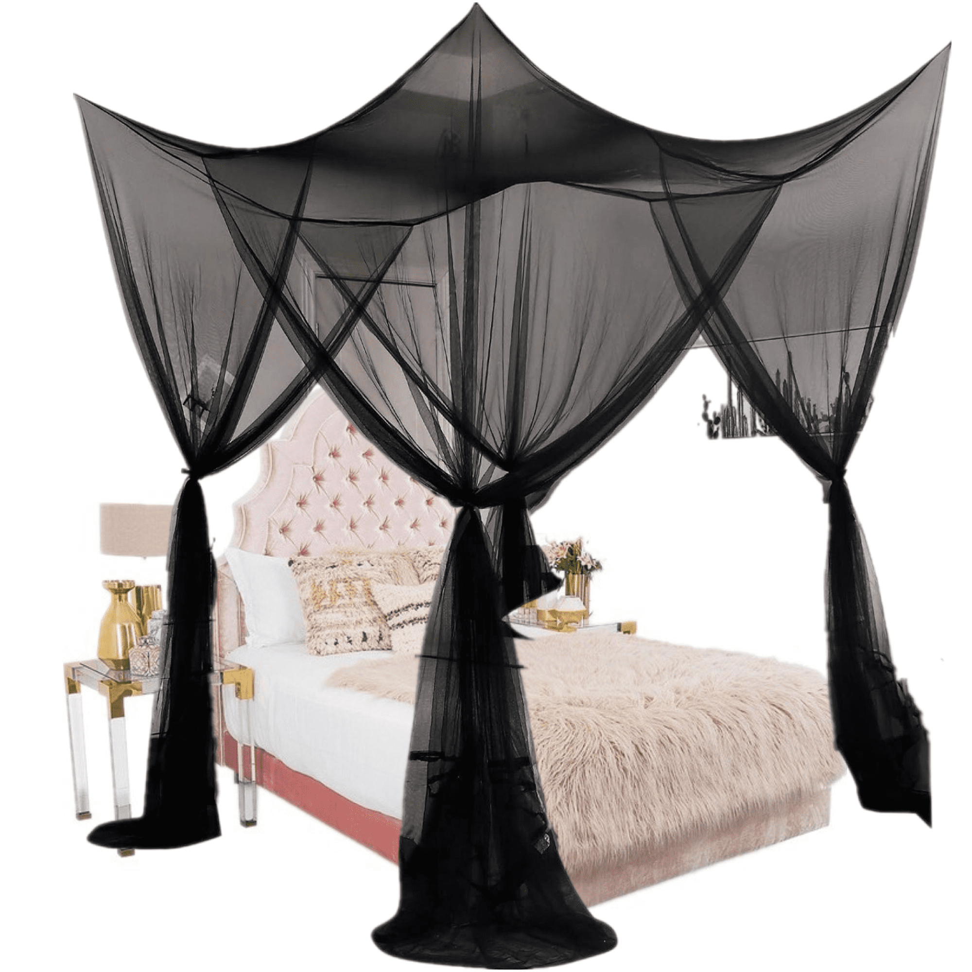 QXWREL Bed Canopy Mosquito Net for Bed, Canopy Bed Curtains for Twin Full Size, 4 Corner Post Bedroom Canopy for Kids Adults, Square Bed Drapes Home Decor, Black