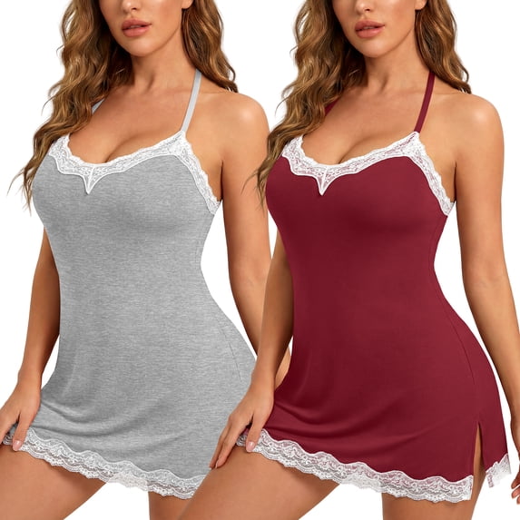 QYLUX Lingerie for Women Sexy Lace Babydoll Chemise Nightgown Halter Neck Backless Strappy Sleep Dress Pack of 2